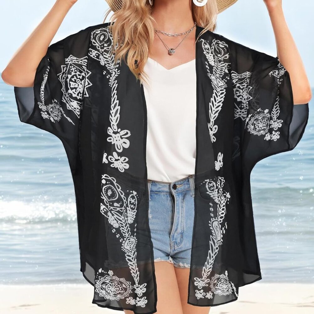 Women's Floral Print Puff Sleeve Kimono Cardigan Loose Cover Up Casual Blouse To - Picture 4 of 6